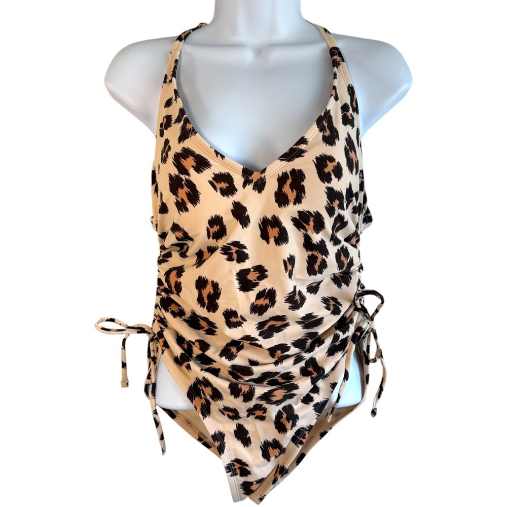 Kona Sol Cheetah Halter Tortoise Shell Ring Side Ruched One Piece‎ Swimsuit Sz M